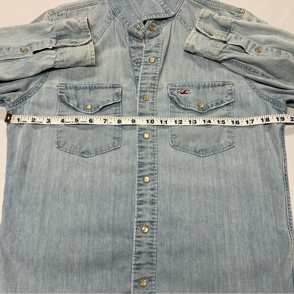 Hollister Womens Denim Pearl Snap Shirt Sz S Distressed Western Y2k - Picture 6 of 11